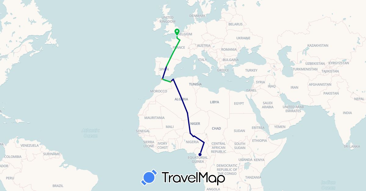 TravelMap itinerary: driving, bus, boat, hitchhiking in Cameroon, Algeria, Spain, France, Morocco, Niger, Nigeria (Africa, Europe)
